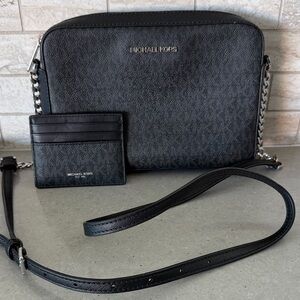 Michael Kors Black and Gray silver Crossbody Bag with Card Holder